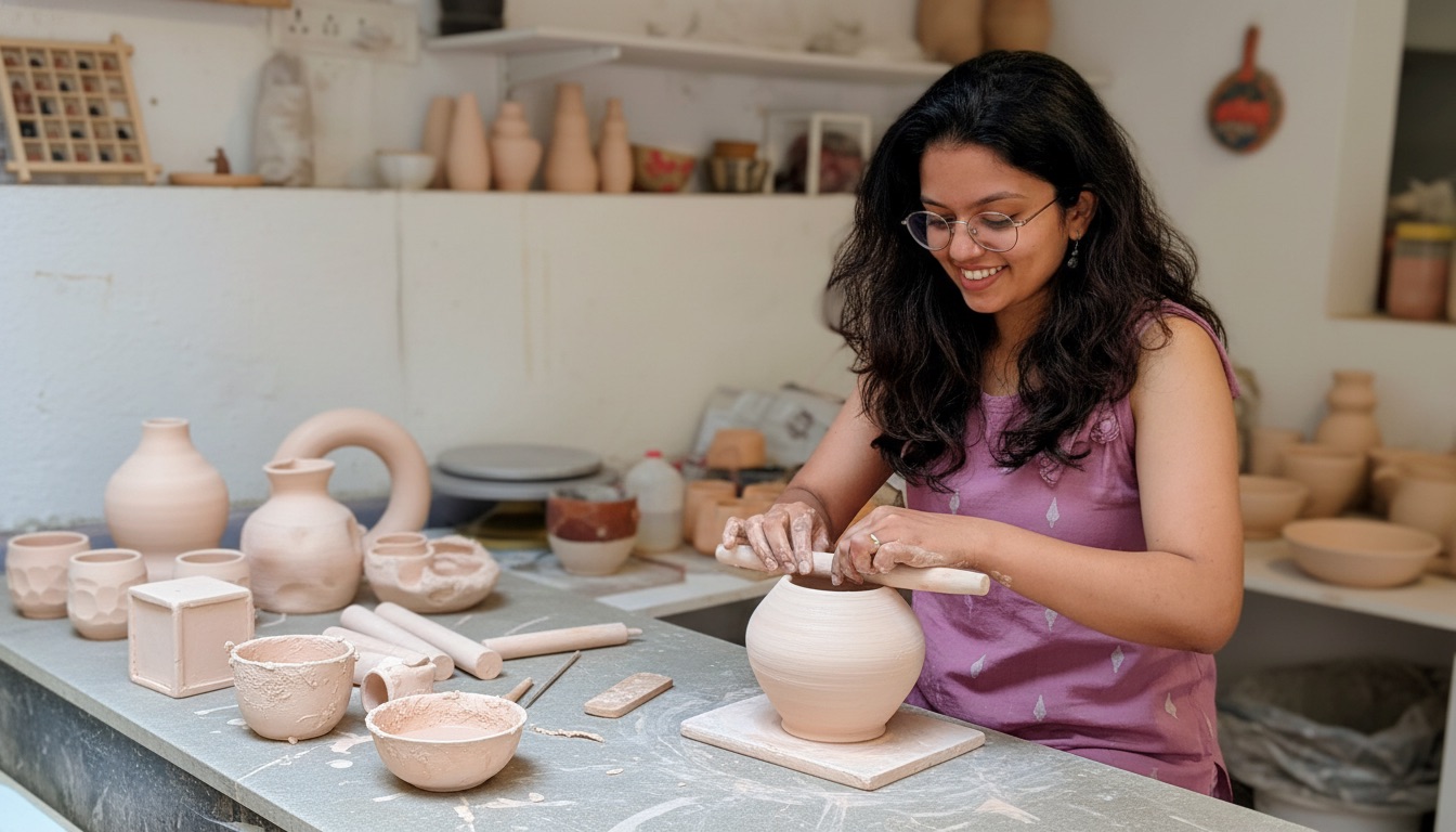 Clay tools and materials arranged in studio